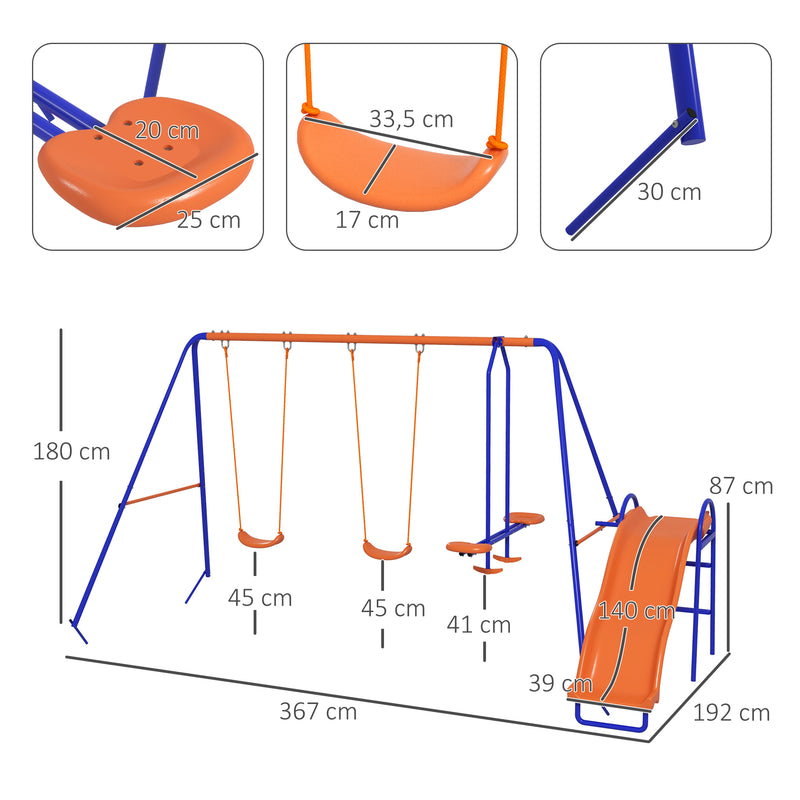4 in 1 Metal Garden Swing Set with Double Swings Glider Slide Ladder Orange
