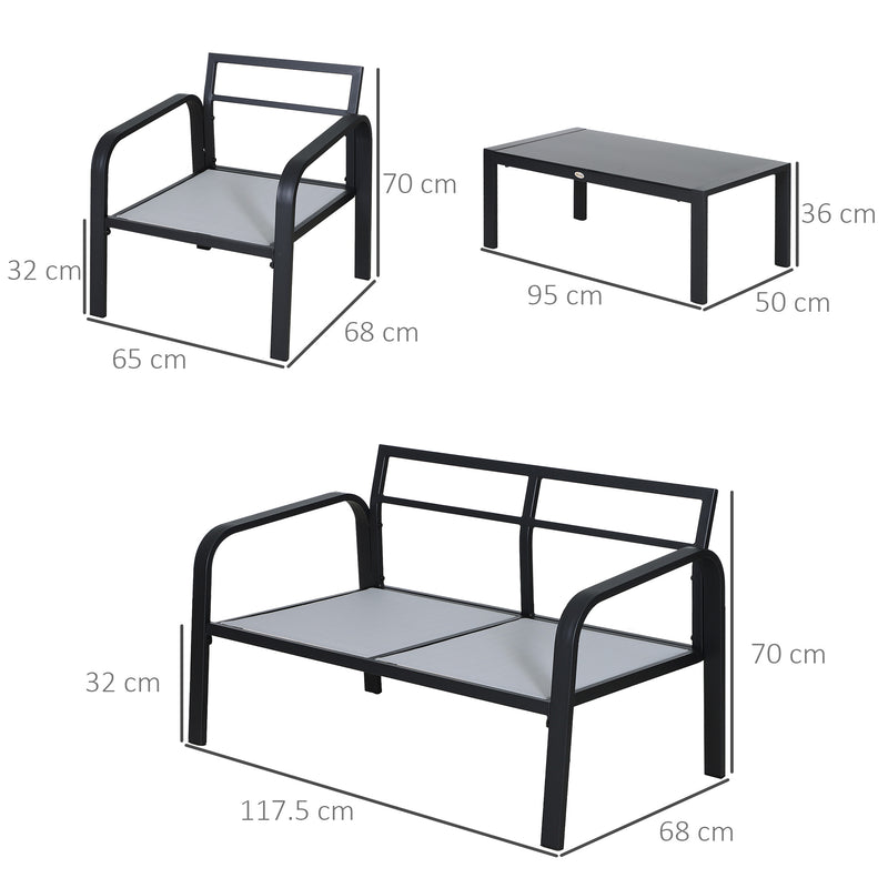 4 Pcs Aluminium Frame Garden Dining Set w/ 2 Chairs Sofa Glass Top Table Foam Cushions Sleek Contemporary Tough Durable Grey Black