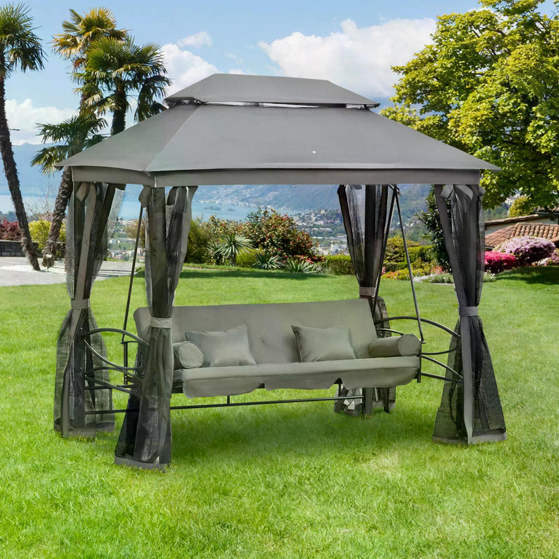 3 Seater Swing Chair Hammock Gazebo Patio Bench Outdoor with Double Tier Canopy, Cushioned Seat, Mesh Sidewalls, Grey