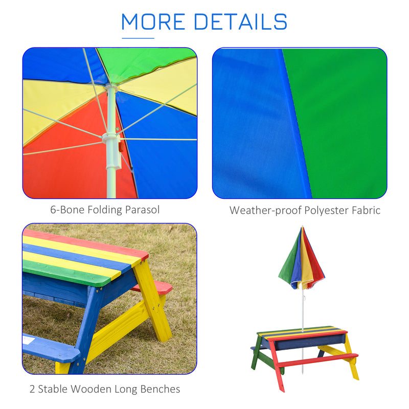 Kids Picnic Table Set Wooden Bench Rainbow with Sandbox Removable & Height Adjustable Parasol Outdoor Garden Patio Backyard Beach