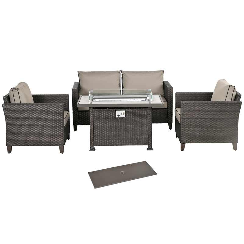 5-Piece Rattan Patio Furniture Set with Gas Fire Pit Table, Loveseat Sofa, Armchairs, Cushions, Pillows, Deep Brown