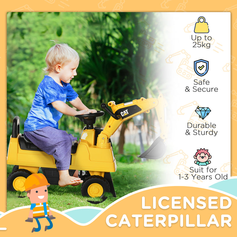 Licensed CAT Kids Ride on Digger Excavator with Manual Bucket, Toddler Pretend Construction Play Toy with Horn Under Seat Storage