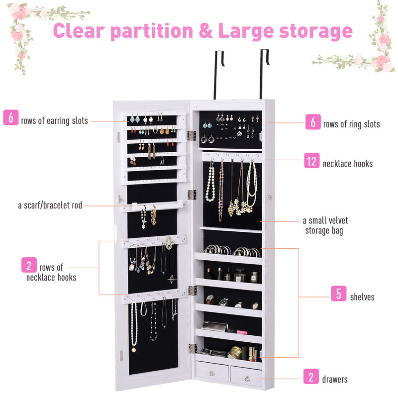 Mirrored Jewellery Storage Cabinet Door Mounted/Wall mounted Organiser Hanging Lockable w/ 6 Inner LED Lights White