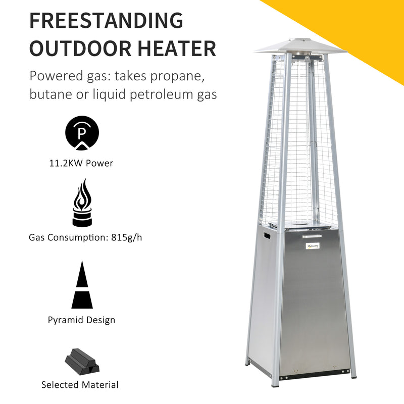 11.2KW Outdoor Patio Gas Heater Stainless Steel Pyramid Propane Heater Garden Freestanding Tower Heater with Wheels, Dust Cover, Silver
