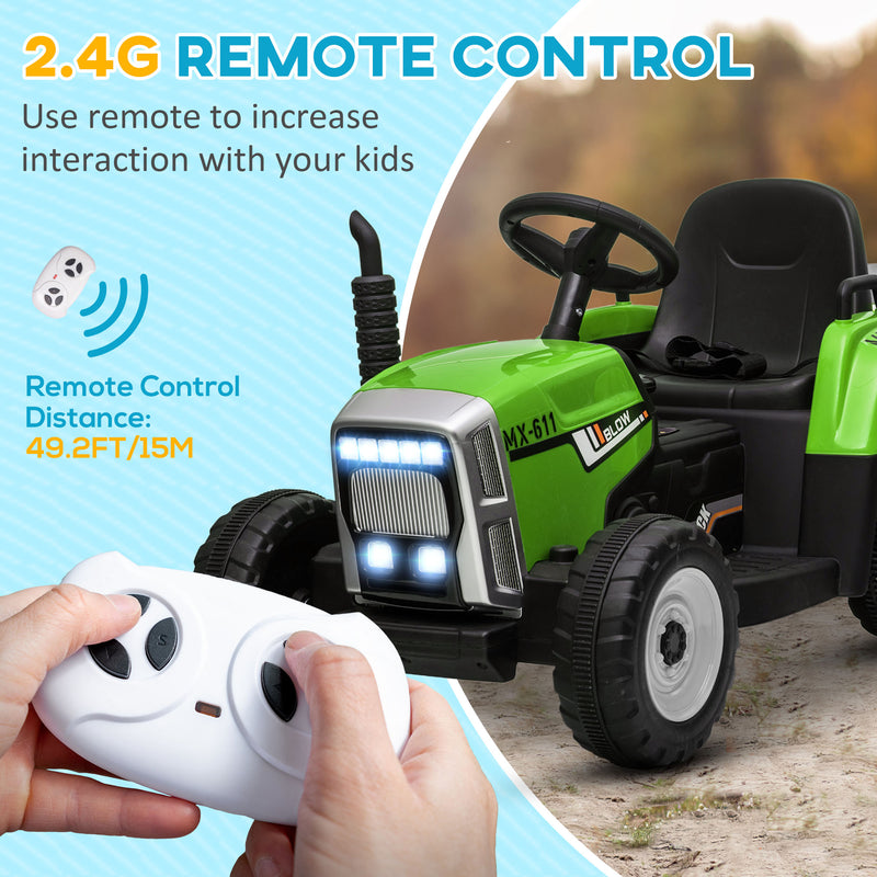 Electric Ride on Tractor w/ Detachable Trailer, 12V Kids Battery Powered Electric Car w/ Remote Control, Music for Kids Aged 3-6, Green