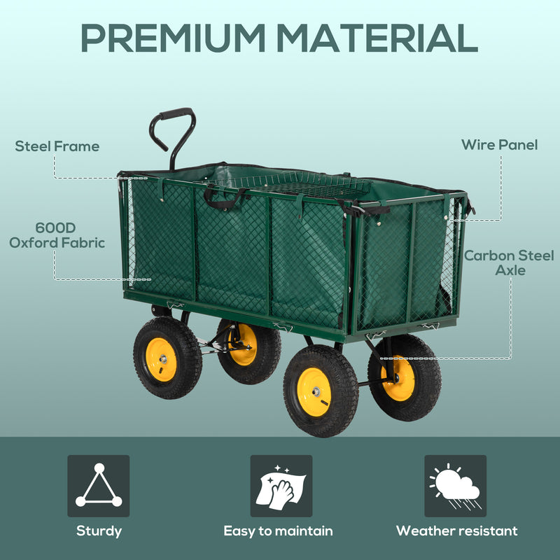 Large 4 Wheel Heavy Duty Garden Trolley Cart Wheelbarrow with Handle and Metal Frame - Green