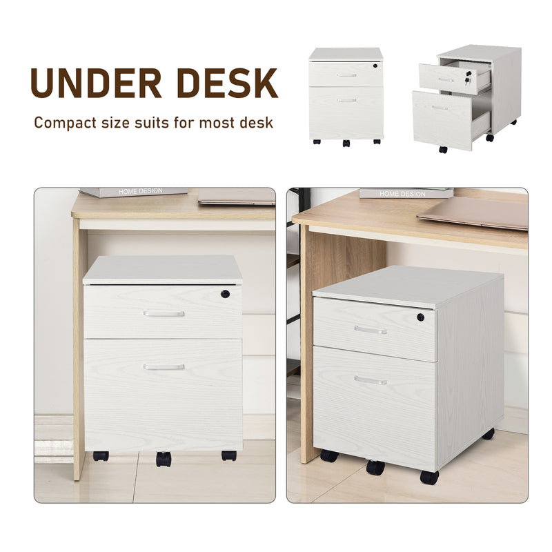 2-Drawer Locking Office Filing Cabinet w/ 5 Wheels Rolling Storage Hanging Legal Letter Files Cupboard Home Organisation White