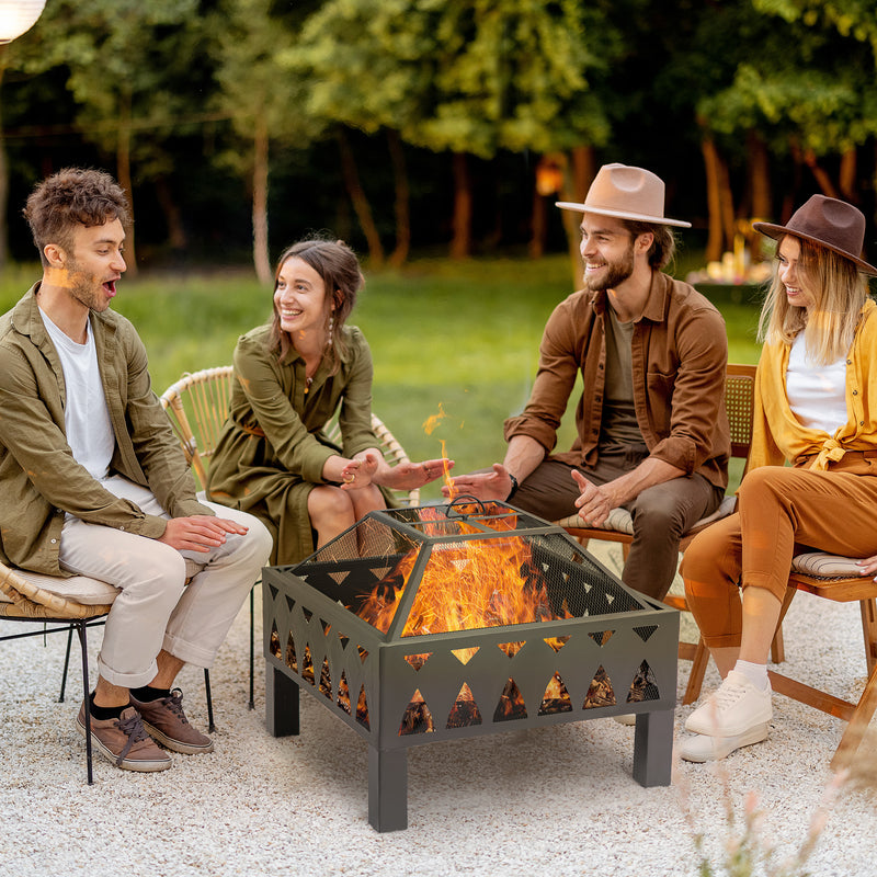 Outdoor Fire Pit with Screen Cover, Wood Burner, Log Burning Bowl with Poker for Patio, Backyard, Black