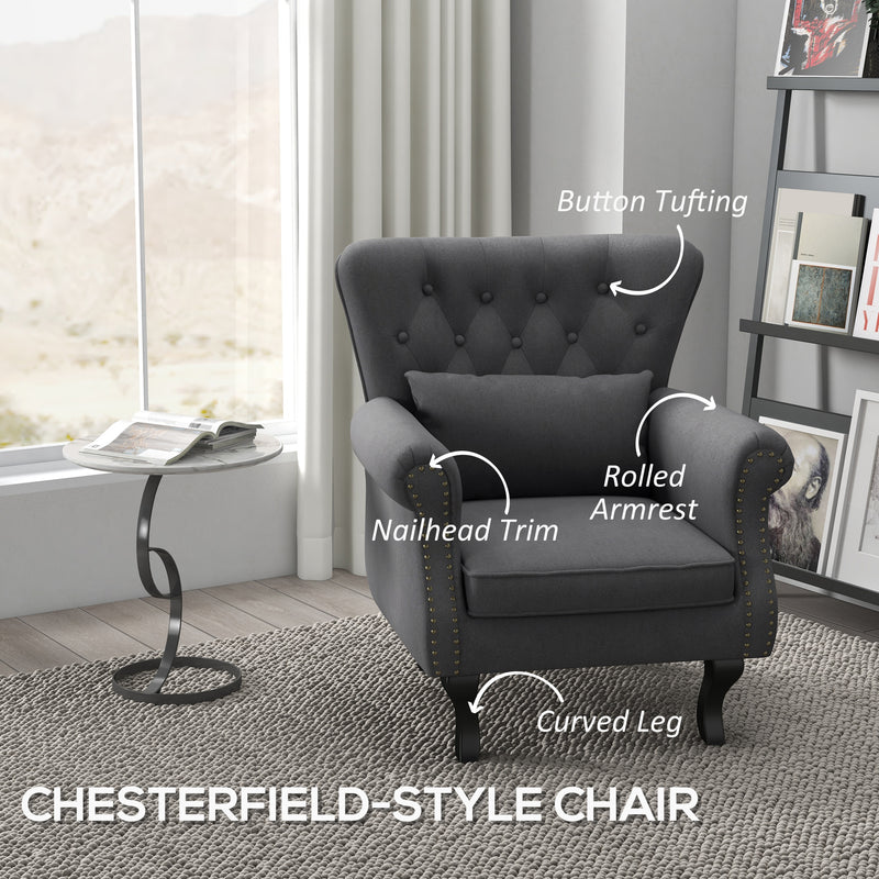 Chesterfield-style Accent Chair, Tufted Wingback Armchair with Pillow, Naihead Trim for Living Room, Bedroom, Dark Grey