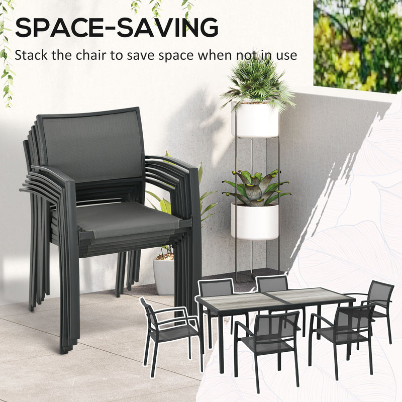 7 Pieces Garden Dining Set, Stackable Chairs, Outdoor Patio Dining Set, 6 Seater Outdoor Table and Chairs with Breathable Mesh Seat, Back, Plastic Top for Poolside, Space-Saving, Grey