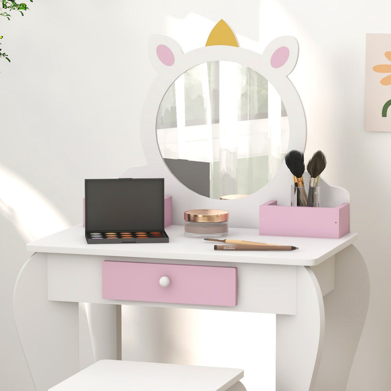 Unicorn-Design Kids Dressing Table, with Mirror and Stool - White