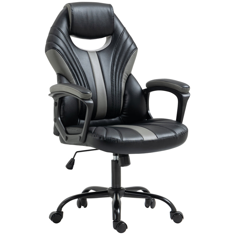 Racing Gaming Chair, Home Office Computer Desk Chair, Faux Leather Gamer Chair with Swivel Wheels, Black Grey