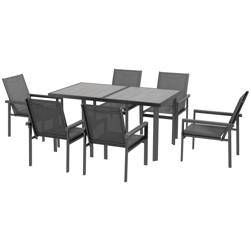 7 Pieces Garden Dining Set with Glass Top Dining Table, Outdoor Table and 6 Armchairs with Breathable Mesh Fabric Seats and Backrest, Wood-plastic Composite Armrests Top, Grey