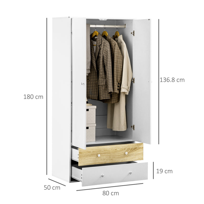 2 Door Wardrobe White Wardrobe with Drawers and Hanging Rod for Bedroom Clothes Organisation and Storage