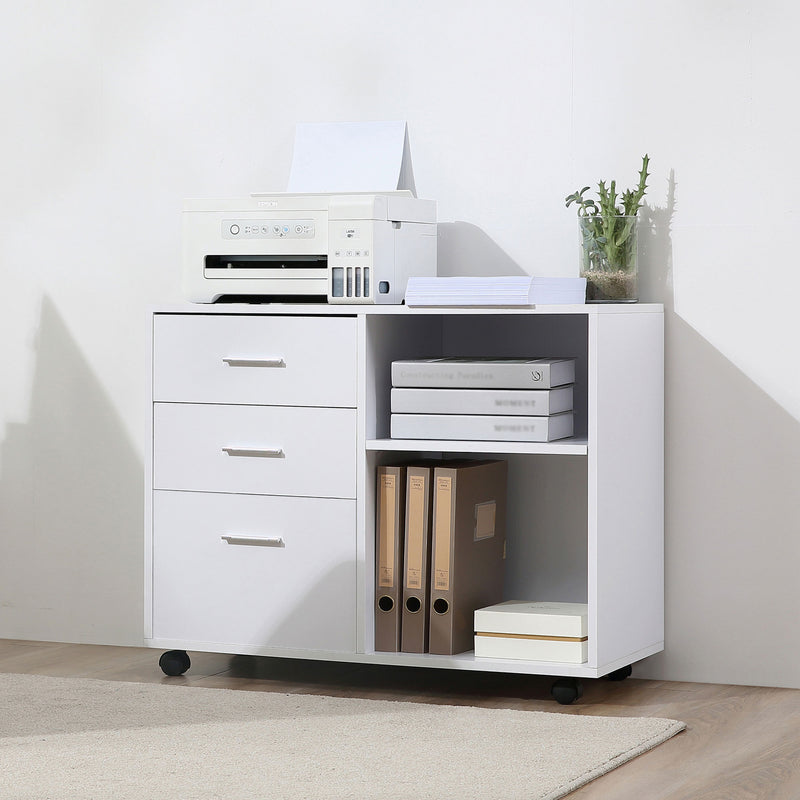 Freestanding Printer Stand Unit Office Desk Side Mobile Storage w/ Wheels 3 Drawers, 2 Open Shelves Modern Style 80L x 40W x 65H cm - White