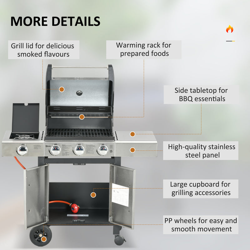 Gas Barbecue Grill 3+1 Burner Garden Smoker BBQ Trolley w/ Side Burner Warming Rack Side Shelves Piezo Ignition Thermometer