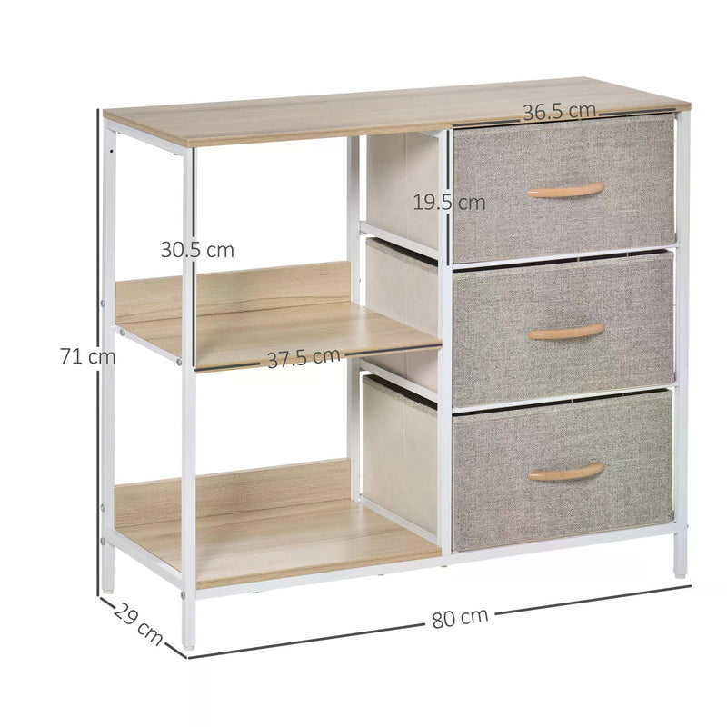 Chest of Drawers Storage Dresser Cabinet Organizer with 3 Fabric Drawers and 2 Display Shelves for Living Room, Bedroom, Hallway, Beige