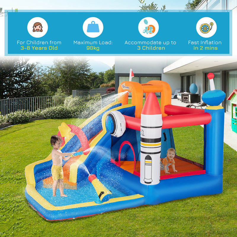 5 in 1 Kids Bounce Castle Large Water Space Style Inflatable House Slide Trampoline Pool Water Gun Climbing Wall for Kids Age 3-8