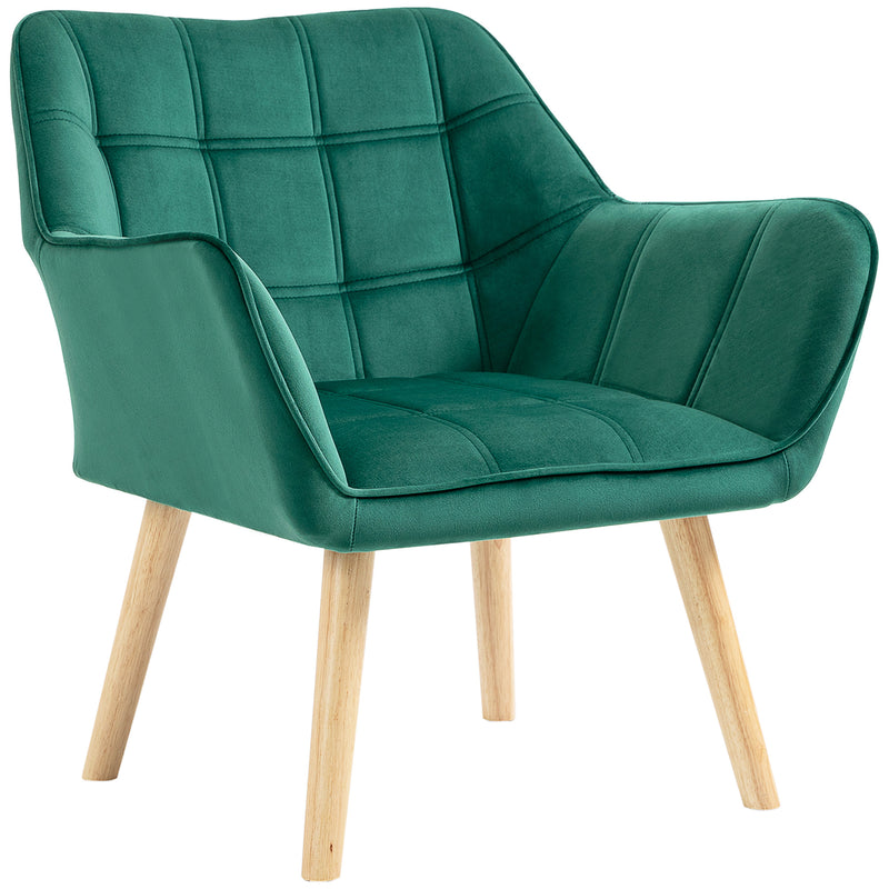Accent Chair, Arm Chair with Wide Arms, Slanted Back, Thick Padding and Rubber Wooden Legs for Living Room, Green