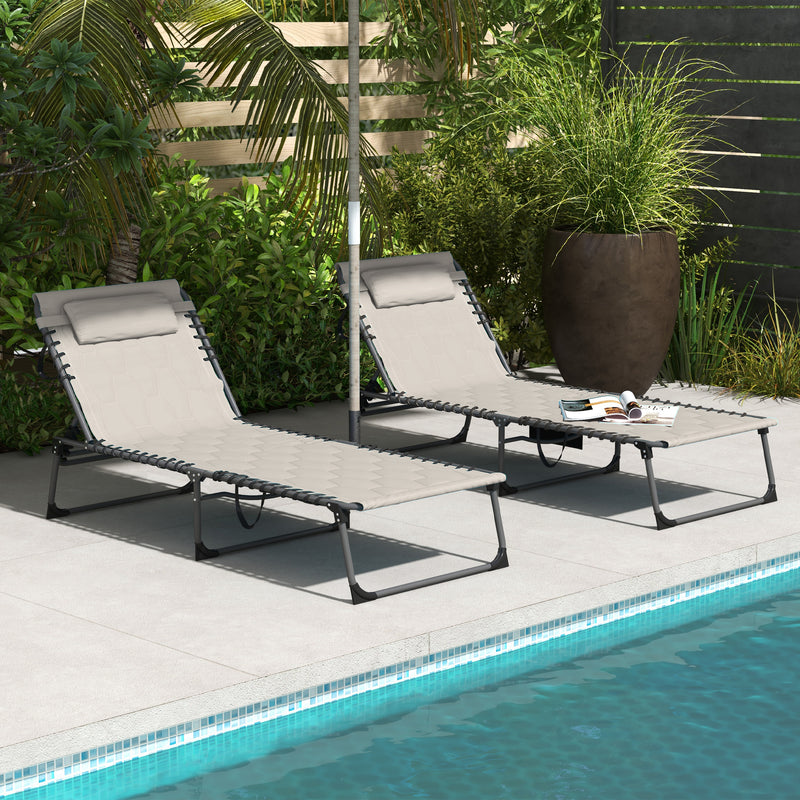 Foldable Sun Lounger Set with 5-level Reclining Back, Outdoor Tanning Chairs with Build-in Padded Seat, Outdoor Sun Loungers with Side Pocket, Headrest for Beach, Yard, Patio, Khaki