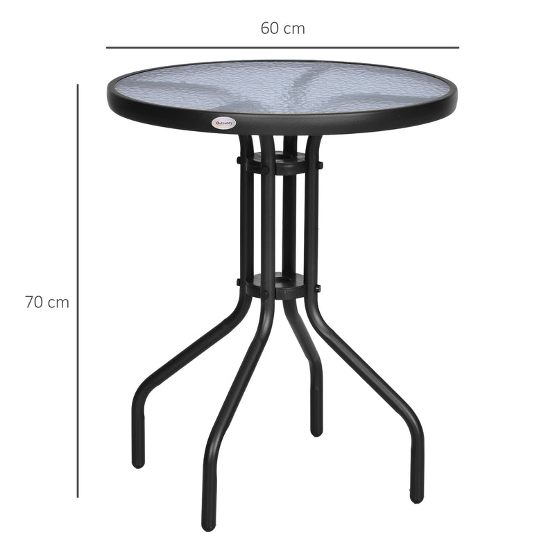 60 x 70H cm Round Metal Table, Garden Table Tempered Glass-Black