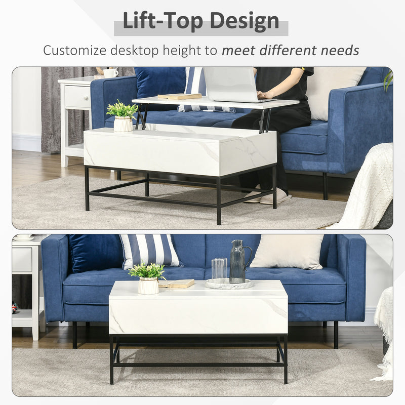 Modern Lifting Coffee Table with Hidden Compartment, Storage Coffee Table for Living Room, Faux Marble White