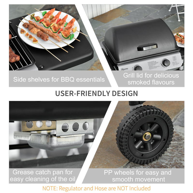 2 Burner Gas Barbecue Grill Propane Gas Cooking BBQ Grill 5.6 kW with Side Shelves Wheels