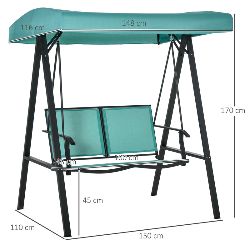 2 Seater Garden Swing Seat Swing Chair Outdoor Hammock Bench w/ Adjustable Tilting Canopy, Texteline Seats and Steel Frame, Lake Blue
