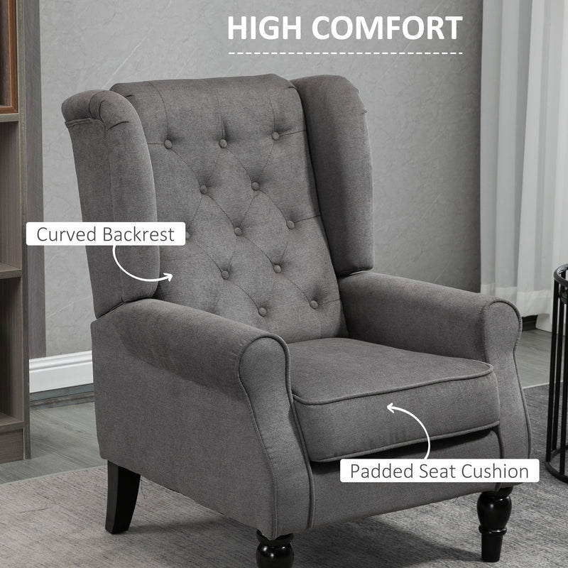 Retro Accent Chair, Wingback Armchair with Wood Frame Button Tufted Design for Living Room Bedroom, Dark Grey