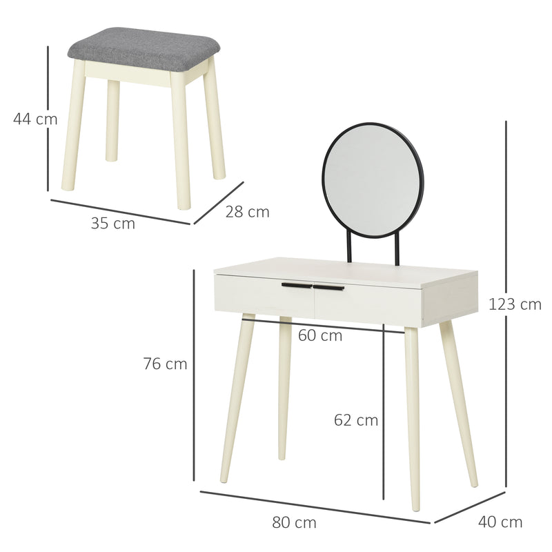 Dressing Table Set with Round Mirror Vanity Table Set w/ Makeup Desk, Cushioned Stool, 2 Drawers for Jewelry Storage, White