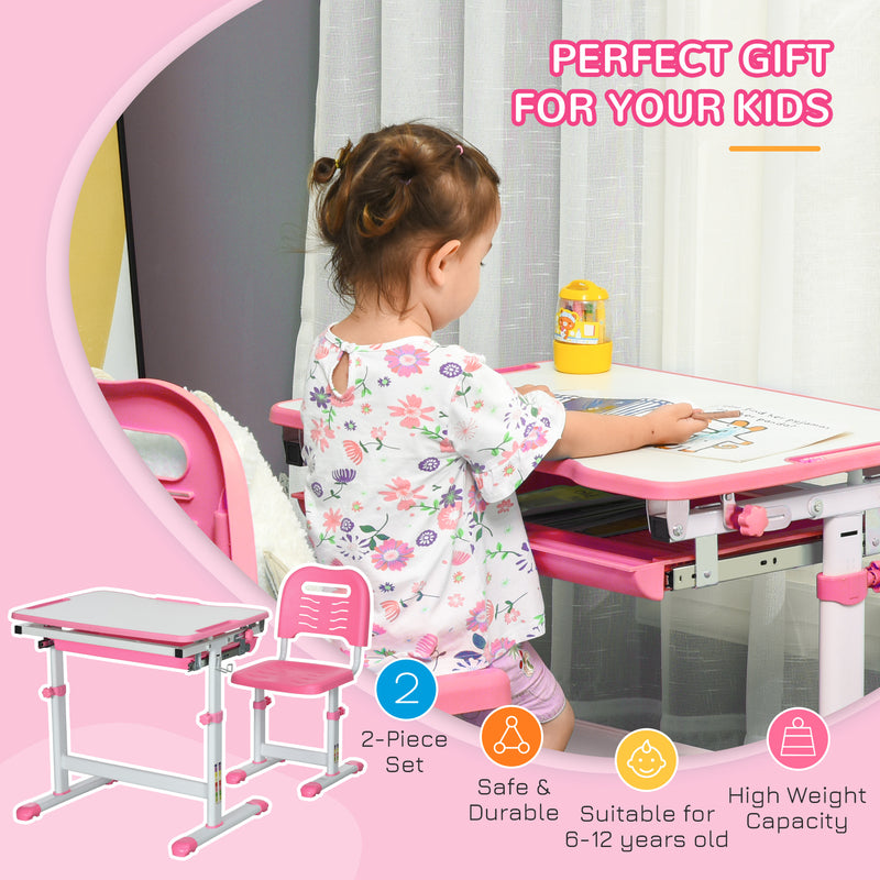 Kids Desk and Chair Set, Student Adjustable Writing Desk, with Drawer, Pen Slot, Hook - Pink