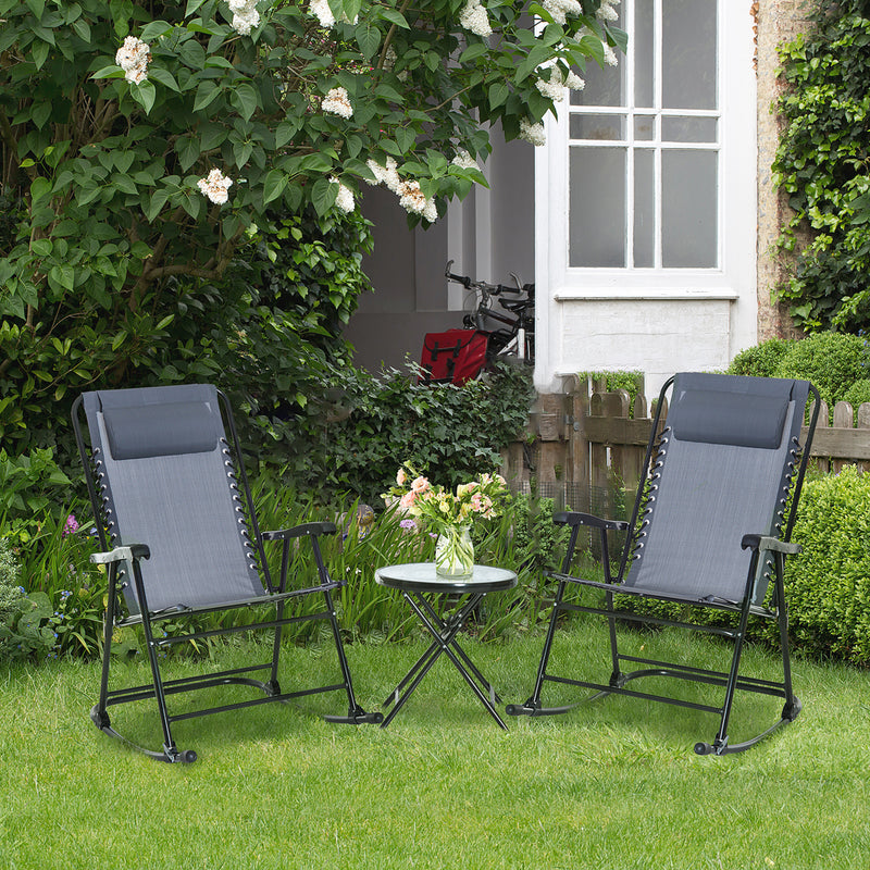 3 Piece Outdoor Rocking Set with 2 Folding Chairs and 1 Tempered Glass Table, Patio Bistro Set for Garden, Deck, Grey
