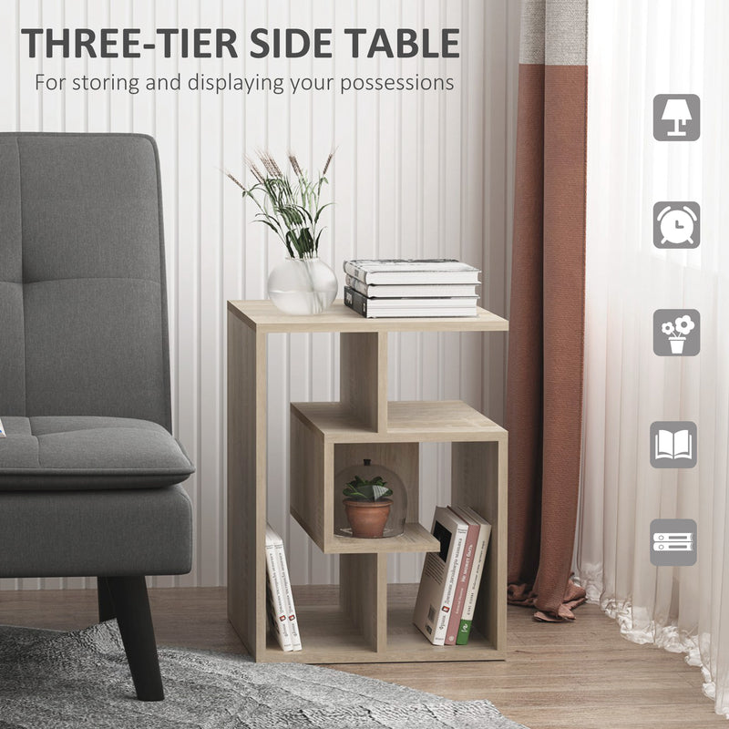 Side Table, 3 Tier End Table with Open Storage Shelves, Living Room Coffee Table Organiser Unit, Set of 2, Oak Colour