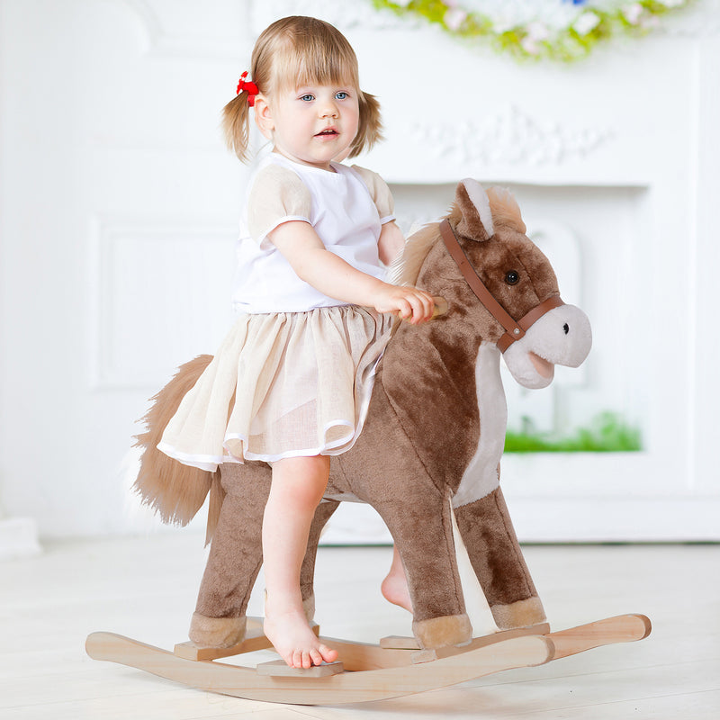 Kids Plush Rocking Horse-Brown/White