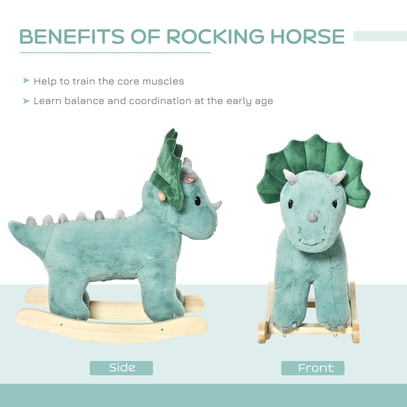 Kids Plush Ride-On Rocking Horse Triceratops-shaped Plush Toy Rocker with Realistic Sounds for Child 36-72 Months Dark Green