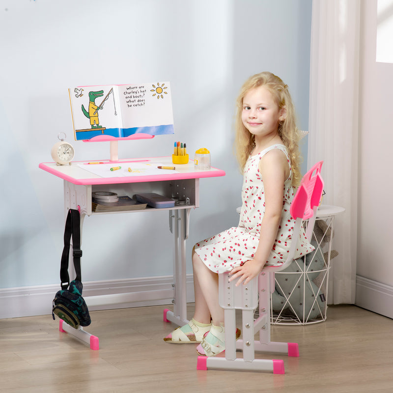 Kids Desk and Chair Set, Height Adjustable Study Table Set with Storage Drawer, Book Stand, Cup Holder, Pen Slot, Pink