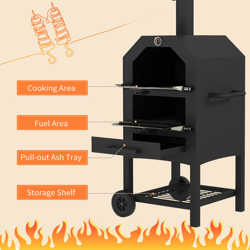 Steel 3-Tier Outdoor Pizza Oven Charcoal BBQ Grill, Black