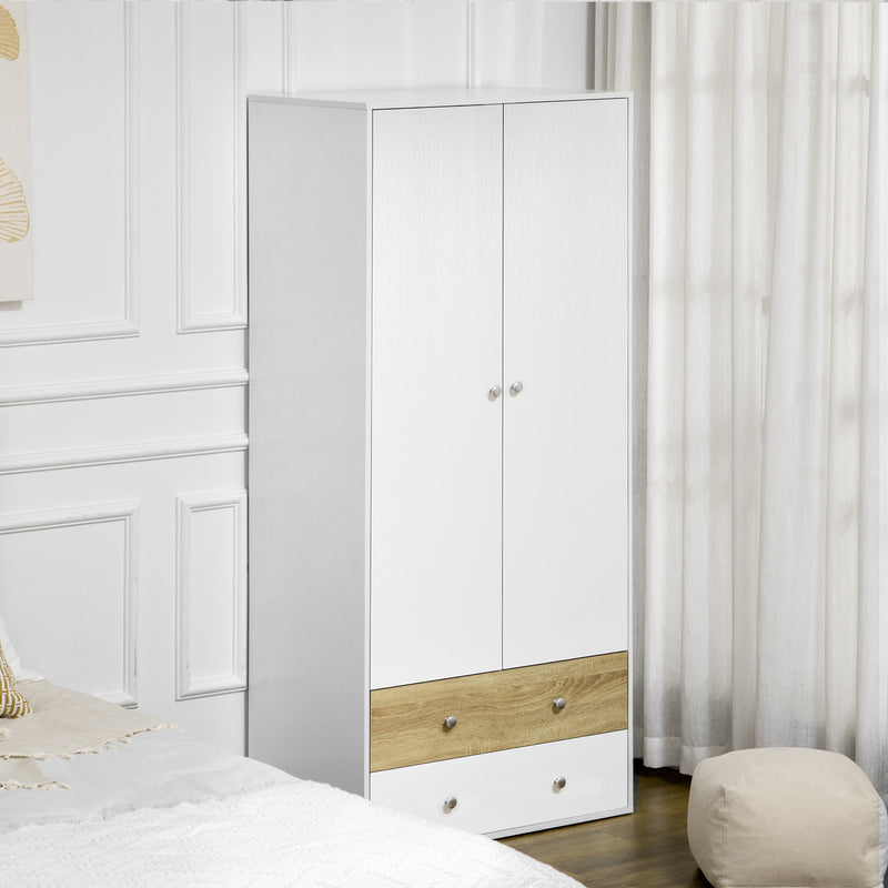 2 Door Wardrobe White Wardrobe with Drawers and Hanging Rod for Bedroom Clothes Organisation and Storage