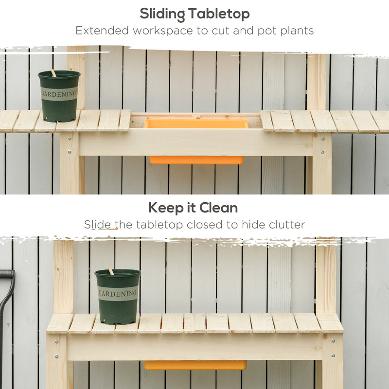 Garden Potting Bench w/ Sliding Tabletop, Wooden Workstation w/ Dry Sink, Outdoor Workbench Potting Table w/ Storage Shelf & Hooks, Natural