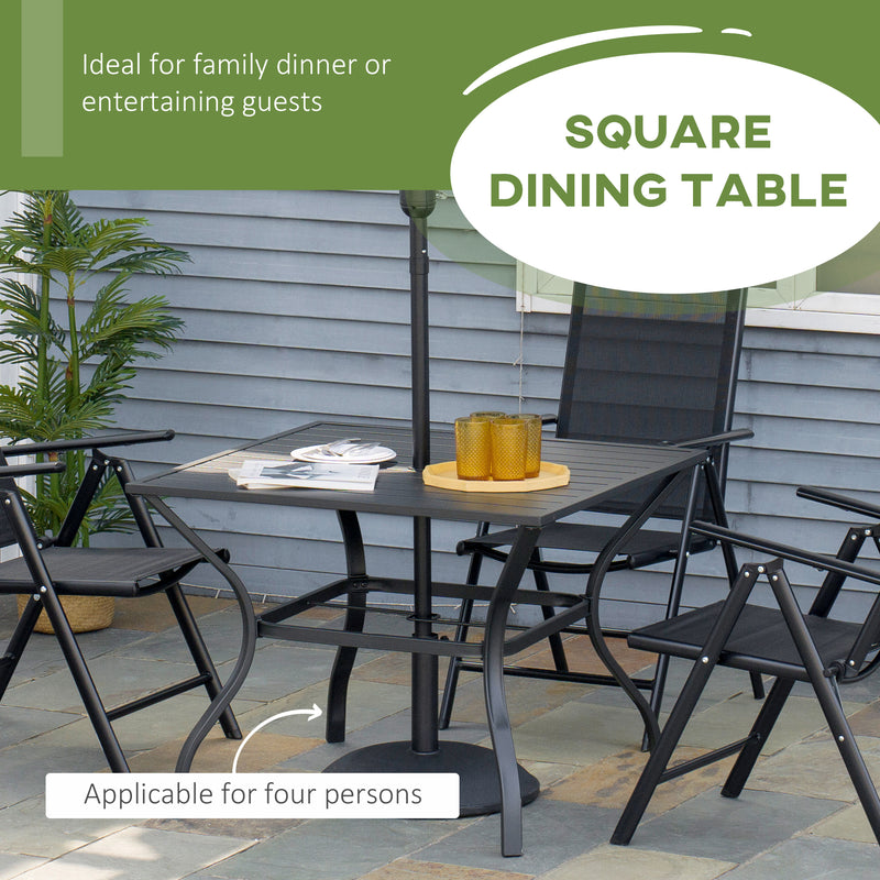 Garden Table with Parasol Hole, Outdoor Dining Garden Table for Four, Square Patio Table with Slatted Metal Plate Top, Black