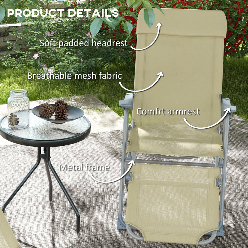 Outdoor Sun Lounger Set of 2, Reclining Garden Chairs w/ Adjustable Footrest, 2 pcs Recliner w/ 5-level Adjustable Backrest, Headrest, Beige