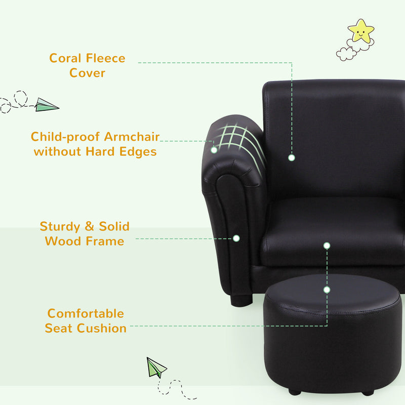 Toddler Chair Single Seater Kids Sofa Set, 54 x 42 x 41cm, Kids Sofa with Stool, Black