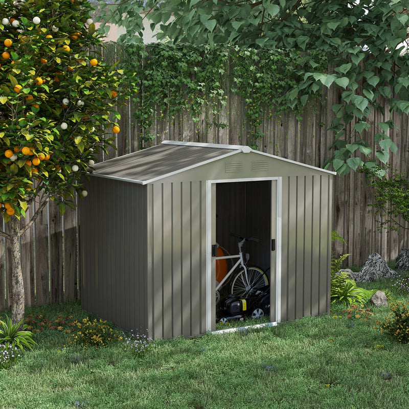 8 x 6ft Outdoor Garden Storage Shed, Metal Tool House with Ventilation and Sliding Doors, Light Grey