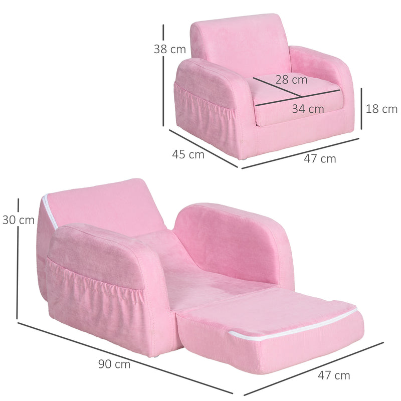 2 In 1 Kids Armchair Sofa Bed Fold Out Padded Wood Frame Bedroom, Pink