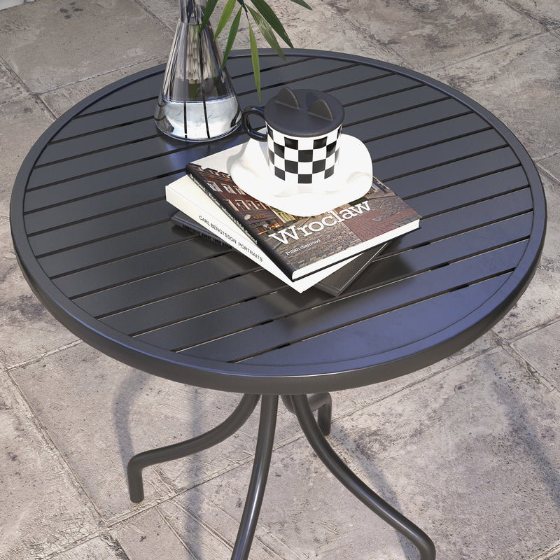 66cm Patio Table, Round Garden Table, Outdoor Side Table with Steel Frame and Slat Tabletop, Black