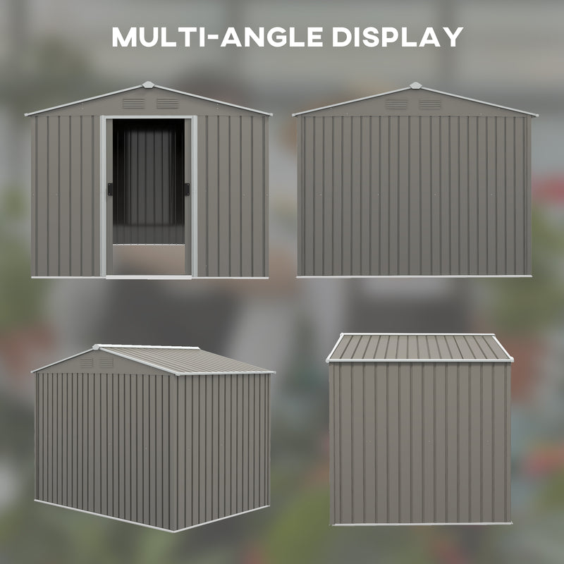 8 x 6ft Outdoor Garden Storage Shed, Metal Tool House with Ventilation and Sliding Doors, Light Grey