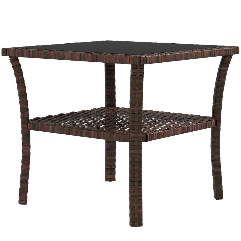 50cm Outdoor PE Rattan Coffee Table, Patio Wicker Two-tier Side Table with Glass Top, for Patio, Garden, Balcony, Brown
