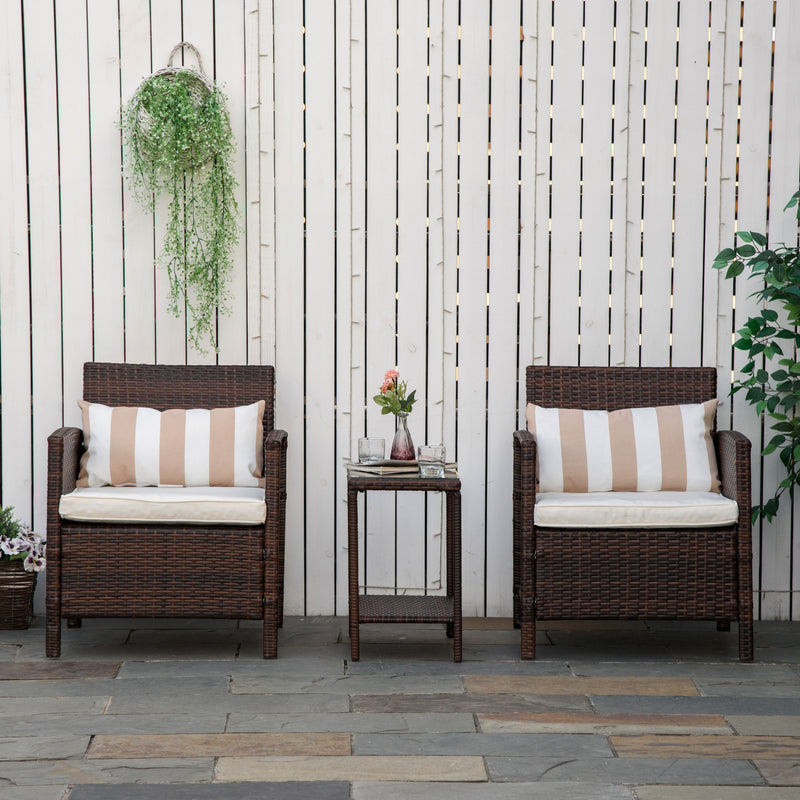 Rattan Garden Furniture 3 Pieces Patio Bistro Set Wicker Weave Conservatory Sofa Chair & Table Set with Cushion Pillow - Brown