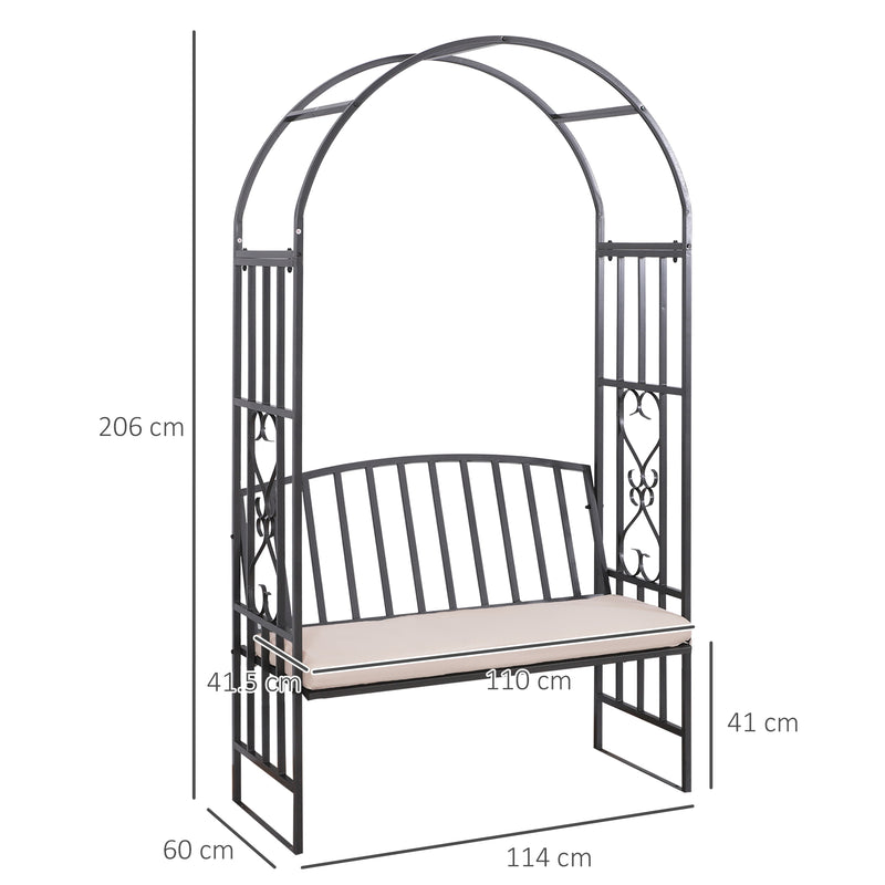Garden Metal Arch Bench, Outdoor Furniture Chair with Cushion Outdoor Patio Rose Trellis Arbour Pergola, for Climbing Plant 114x 60 x 206 cm