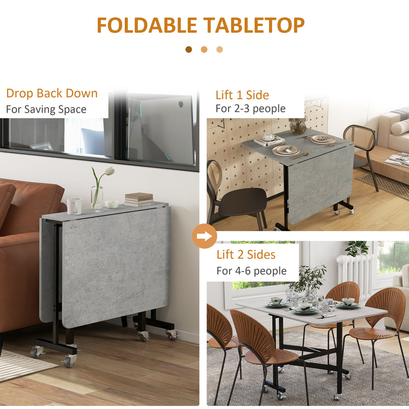 Drop Leaf Table, Folding Dining Table with Metal Frame, Rolling Kitchen Dining Table for Small Spaces, 120cm, Grey